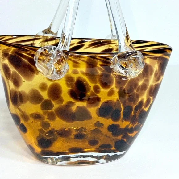 Hand Blown Murano Style Vintage Glass Purse Vase Leopard Spot Amber 7" Art - Picture 6 of 13